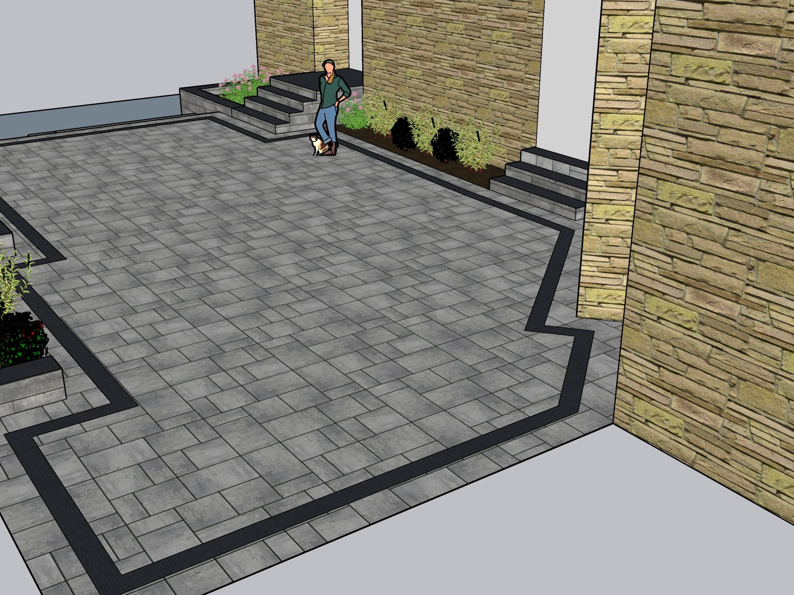 SketchUp 3D rendering of the proposed driveway and planting beds