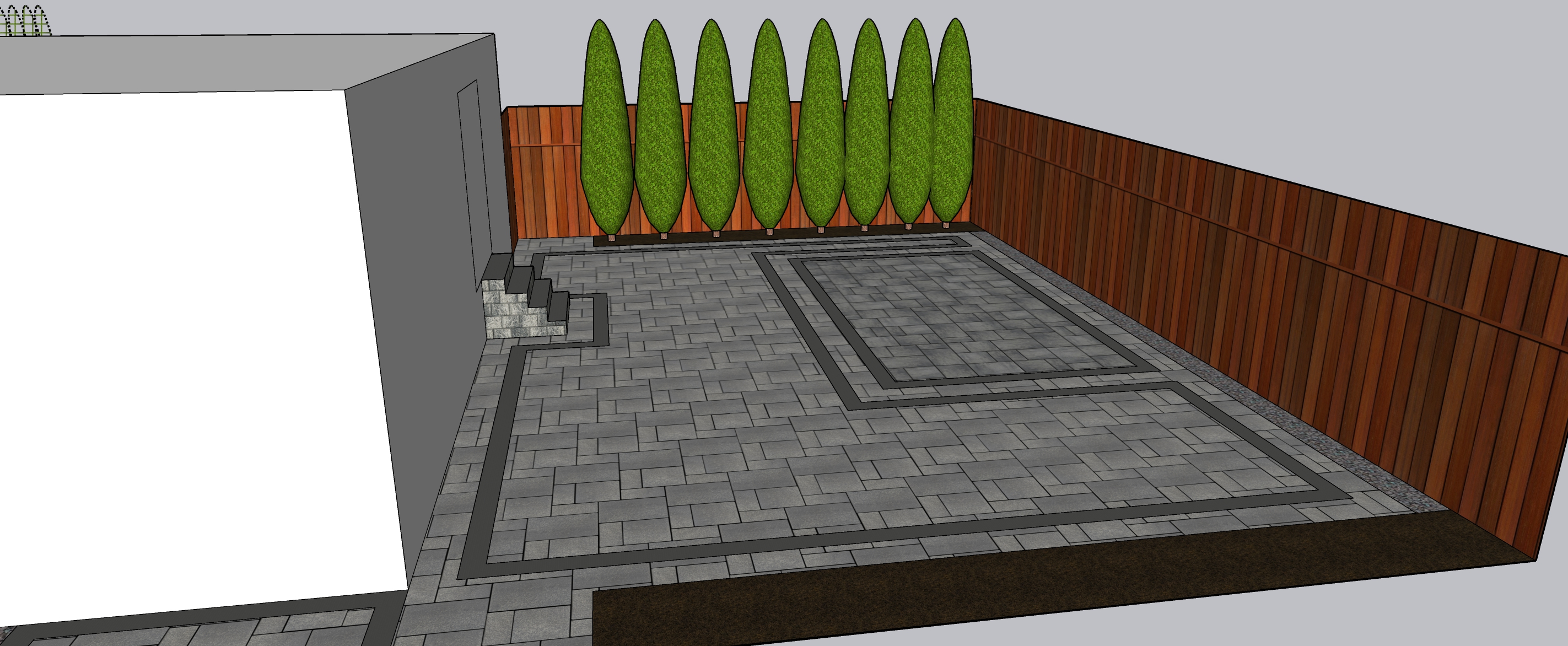 SketchUp 3D rendering of the proposed backyard with paver patio, banded border and a row of cedars along the back fence
